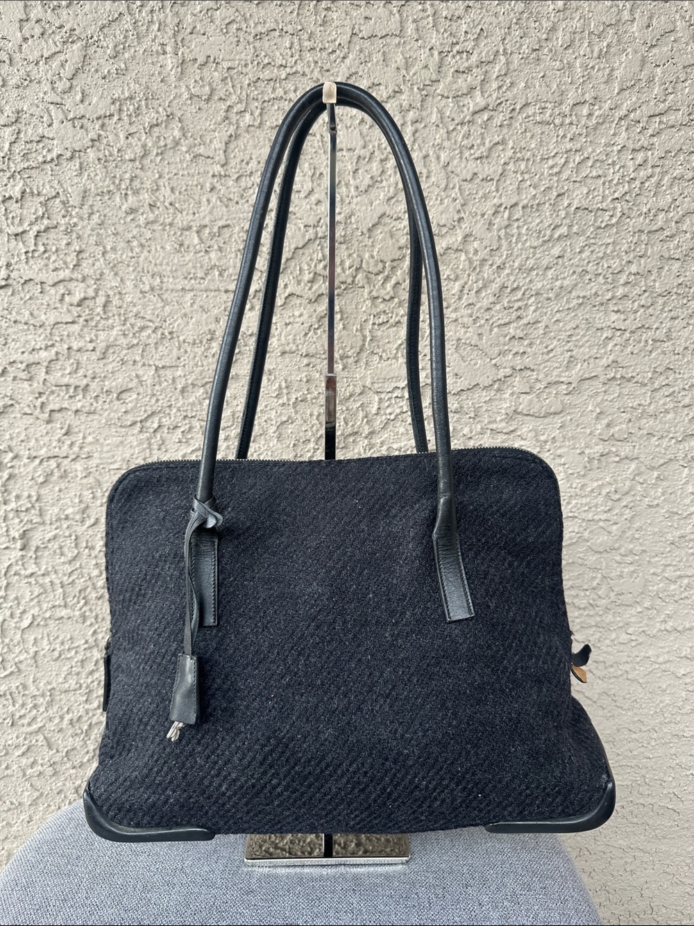 PRADA Black Wool-Textured Top-Handle Shoulder Bag with locked & keys